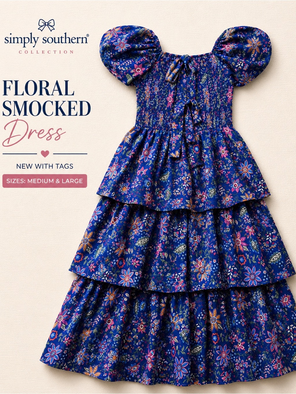 Simply Southern Floral Tiered Smocked Bow Dress NWT Blue M & L